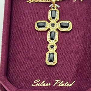 Silver Plated Jeweled Cross Necklace with Black Cubic Zirconia NIB